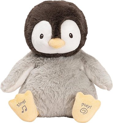 Pelúcia Bebê Pinguim Carinhoso Animado GUND, Brinquedo de pelúcia que canta para bebês a partir de 0 anos, Preto/Branco/Cinza, 12