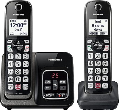Telefone sem fio Panasonic com máquina de atender, bloqueio de chamadas, identificador de chamadas bilíngue, display de alto contraste, 2 ramais - Preto metálico