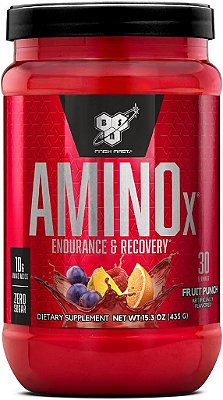 Pó de recuperação muscular e resistência BSN Amino X com BCAAs, suporte intra treino, 10 gramas de aminoácidos, ceto amigável, sem cafeína, sabor: Ponche de frutas, 30 porções (