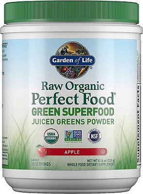 Pó de suco de vegetais orgânicos verdes perfeitos Garden of Life Raw - Sabor de Maçã, 30 porções - Suplemento dietético de alimentos integrais veganos, sem glúten, com probióticos e enzimas.