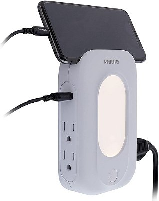 Philips Acessórios 4-Saídas Extensor 2-Protetor de Surto USB, Adaptador de Parede com Luz Noturna de Sensor de Luz, Acesso Lateral, 3-Pinos, Estação de Carregamento, SPP624