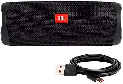 Alto-falante portátil JBL FLIP 5 à prova d'água com Bluetooth na cor preta.