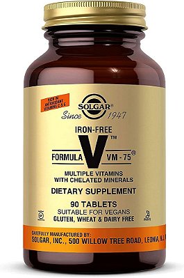 Fórmula VM-75 sem ferro Solgar, 90 comprimidos - Multivitamínico com minerais quelados - Vitamina A, B6, B12, C, D, E - Biotina, Magnésio, Cálcio,
