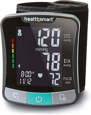 Monitor de pressão arterial de pulso digital premium HealthSmart com manguito que mede batimentos cardíacos e pressão arterial alta ou baixa, memória de leitura de 120 leituras que armazena até 60 leituras para 2 usuários.