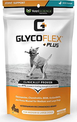 Suplemento para apoio articular VetriScience GlycoFlex Plus para cães - 60 mastigáveis - Suplemento extra forte para a saúde das articulações e quadril com glucosamina, condroitina, MSM e DMG para cães