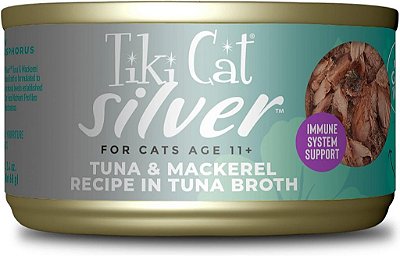 Mousse de conforto prata Tiki Cat + flocos, Receita de Atum & Cavala em caldo de Atum, Fórmula de apoio ao sistema imunológico formulada para gatos mais velhos a partir de 11 anos, Comida
