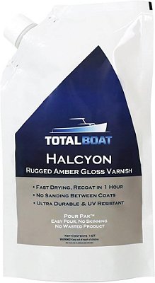 Verniz Marítimo Halcyon TotalBoat-513021 (Âmbar Transparente, Quart) | Acabamento à Base de Água de Poliuretano para Madeira | Proteção UV Brilhante e Transparente para Uso Interior e Exterior