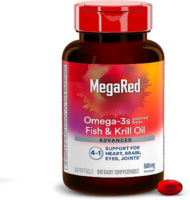 Suplemento MegaRed Omega 3 Óleo de Peixe + Óleo de Krill 500mg, Avançado 4 em 1 EPA & DHA Ácidos Graxos Ômega 3 Cápsulas Softgels (frasco com