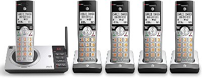 Telefone sem fio AT&T CL82507 DECT 6.0 com 5 aparelhos para casa com máquina de atender, bloqueio de chamadas, identificador de chamadas, intercomunicador e alcance longo, prateado