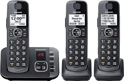 Sistema de telefone sem fio expansível Panasonic DECT 6.0 com atendedor de chamadas e bloqueador de chamadas - 3 aparelhos - KX-TGE633M (Preto Metálico)