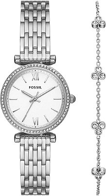 Relógio para mulheres Fossil Carlie Mini com pulseira de aço inoxidável ou couro.
