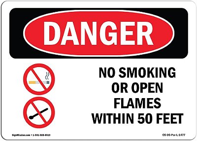 Placa de perigo da OSHA - Proibido fumar ou abrir chamas a uma distância de 50 pés | Adesivo | Proteja seu negócio, local de construção, área da loja | Fabricado nos EUA