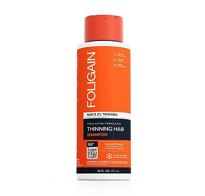 Shampoo de Ação Tripla Foligain para Cabelos Ralos para Homens com 2% de Trioxidil | Shampoo Estimulante para Cabelos | Shampoo Volumizador para Homens (16oz), 15241