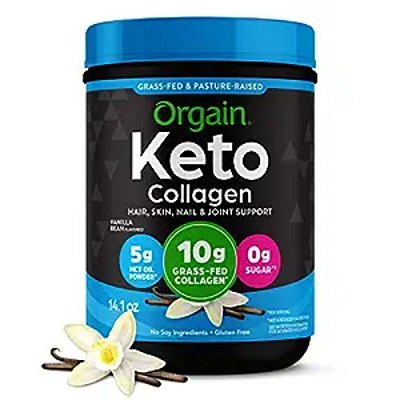 Pó de proteína de colágeno Orgain Keto, baunilha - 10g de colágeno hidrolisado de pastagem tipo 1 e 3, 10g de proteína, 5g de óleo MCT - Suporte