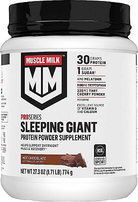 Suplemento em pó de proteína Muscle Milk Pro Series Sleeping Giant, Chocolate Quente, 1,71 libra, 18 porções, 30g de proteína, recuperação muscular durante a noite, 1g de açúcar, melaton