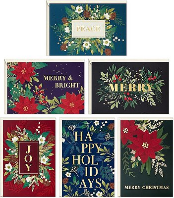 Assortimento de Cartões de Natal em Caixa a Granel da Hallmark, Elegante Assortimento Floral em Tons de Joia (72 Cartões e Envelopes)