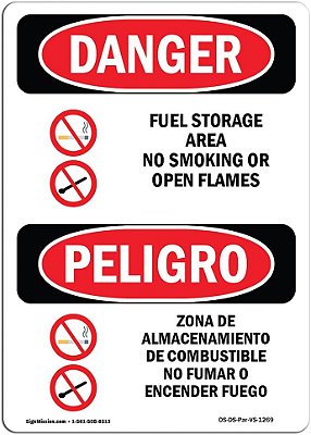 Placa de Perigo da OSHA - Área de armazenamento de combustível Proibido fumar Bilíngue | Placa de plástico | Proteja seu negócio, canteiro de obras, área da loja | Feito nos EUA