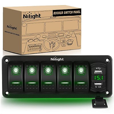 Painel de interruptores de balancim Nilight 5 Gang com iluminação verde, carregador USB duplo de 4,8 A, voltímetro à prova d'água 12V 24V DC, com adesivos fosforescent