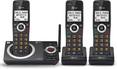 Telefone sem fio AT&T CL82319 DECT 6.0 com 3 ramais para casa, com atendedor de chamadas, bloqueio de chamadas, identificador de chamadas, intercomunicador e alcance longo, preto.