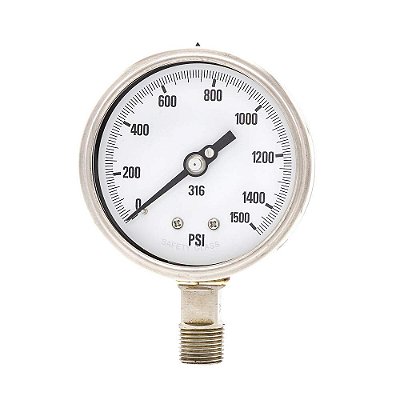 Manômetro de pressão de processo preenchido com glicerina de montagem inferior, escala de 0/1500 psi, 1/2 NPT masculino, caixa e internos em aço inoxidável, aro removível em aço