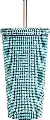 Caneca com tampa e canudo de água Paris Hilton Diamond Bling, em aço inoxidável isolado a vácuo, ornamentado com mais de 3700 strass, 16,9 onças, azul.