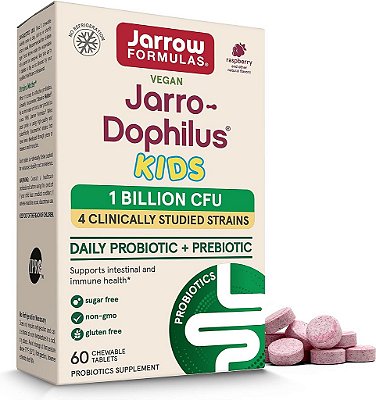 Fórmulas Jarrow Jarro-Dophilus Crianças Probióticos e Prebióticos, Sabor Natural de Framboesa, 60 Tabletes Mastigáveis - Suporta a Saúde Intestinal e Imunológica - 1 Bilhão de
