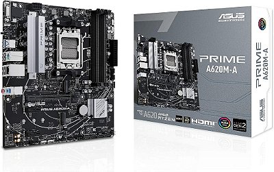 Placa-mãe comercial ASUS Prime A620M-A-CSM AMD AM5 (Ryzen 7000) mATX (PCIe 4.0, DDR5, 2xM.2 Slots, 1Gb LAN, DisplayPort/HDMI, USB 3