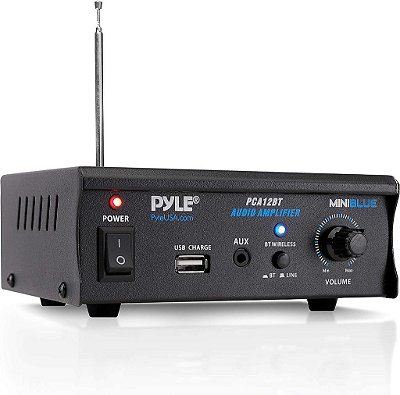 Amplificador estéreo Bluetooth Pyle - Série Mini Blue Amplificador de Potência de Áudio | Streaming Sem Fio | Porta de Carregamento USB | Entrada AUX (3,5mm) | 2 x 25 Watt (PCA12BT)