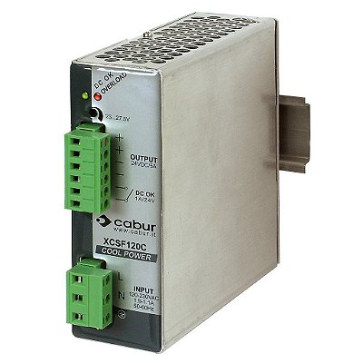 Fonte de alimentação montada em trilho DIN ASI XCSF120C com conexão de fio plugável, saída de 24 VDC, 5 amp, 120W, entrada de 90 a 264 VAC.