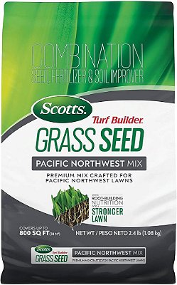 Scotts Turf Builder Semente de Grama Mistura do Noroeste do Pacífico com Fertilizante e Melhorador de Solo, Mix Premium, 2,4 lbs.