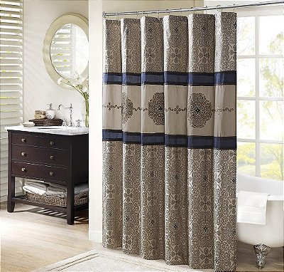 Cortina de chuveiro Madison Park Donovan, design de tecido jacquard bordado, decoração tradicional para banheiro, lavável à máquina, tela de privacidade de tecido, 72x72, azul marinho.
