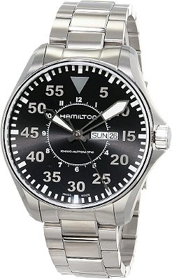 Relógio Hamilton Khaki Aviation Pilot Day Date Swiss Automatic, Caixa 46mm, Mostrador Preto, Pulseira de Aço Inoxidável Prateado (Modelo: H64715135)