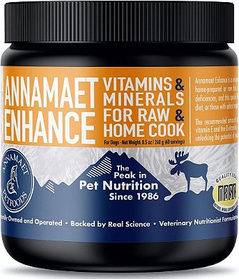 Suplemento vitamínico e mineral Annamaet Enhance para refeições cruas e caseiras para cães, frasco de 8,5 oz, Branco Off.