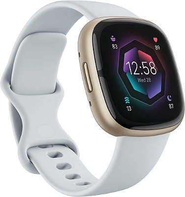 Smartwatch avançado de saúde e fitness Fitbit Sense 2 com ferramentas para gerenciar estresse e sono, aplicativo de ECG, SpO2, frequência cardíaca 24/7 e GPS, Azul Celeste/Dourado Pálido,