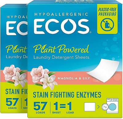 Folhas de detergente para lavanderia ECOS - Vegano, Sem Frasco de Plástico, Sem Bagunça e Sem Líquido - Folhas de Lavanderia na Máquina - Detergente para Lavanderia hipoalergên