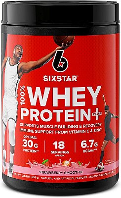 Pó de proteína de soro de leite Six Star Whey Protein Plus Whey Protein Isolate & Peptides Pó de proteína magra para ganho de músculos Construtor de músculos para homens e mulheres Smoothie de morango, 1
