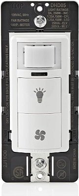 Sensor de Umidade de Combinação Dupla Leviton DHD05-1LW com Interruptor de Luz Separado, automatize o exaustor do banheiro, circulação de ar, controle de umidade, Monopolar/Monopolar, ¼ HP,