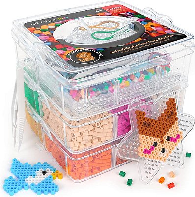ARTEZA Kids Heat Fuse Beads, 12.000 contas de ferro, 12 cores, 35 designs temáticos de animais, 5 modelos, 10 chaveiros, atividades para crianças e suprimentos de artesanato para brincadeiras