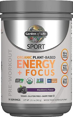 Pó de pré-treino orgânico à base de plantas Garden of Life Sport, com energia e foco limpos, com 85 mg de cafeína, sem impulsionador natural, B12, vegano, sem glúten, não transgênico,