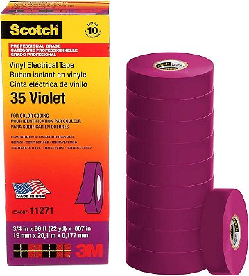 Fita Isolante de Vinil para Codificação de Cores de Elétrica Scotch 35, 3/4 pol x 66 pés, Violeta, 10 rolos/Caixa, 100 rolos/Embalagem