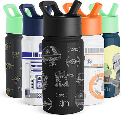 Garrafa de água infantil do Star Wars Simple Modern com tampa de canudo | Caneca reutilizável isolada de aço inoxidável para presentes de escola, crianças pequenas, meninos | Coleção Summit | 14oz, Esquemas