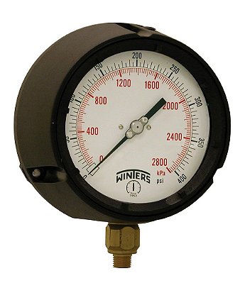 Manômetro de pressão de processo de escala dupla de fenólica da série Winters PPC com internos de latão, 0-400 psi/kpa, display de mostrador de 4-1/2, precisão de +/-0.5%, montagem inferior