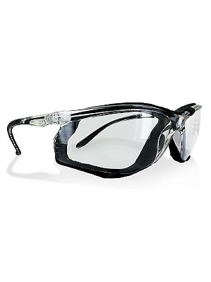 Óculos de segurança esportivos com forro de espuma e lentes de policarbonato cinza, armação preta - 12 pares