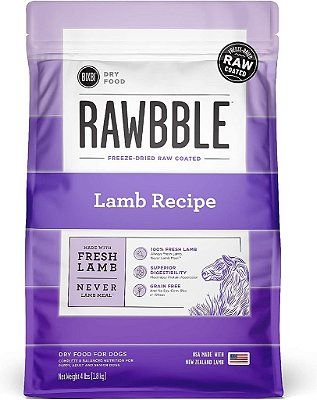 Alimento seco para cães BIXBI Rawbble, cordeiro, 4 lbs - Feito nos EUA com carne fresca - Sem carne moída & Sem milho, soja ou trigo - Alimento seco para cães revestido com carne