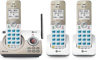 Telefone sem fio AT&T DL72319 DECT 6.0 de 3 dispositivos para casa com Conexão para Celular, Bloqueio de Chamadas, Tela Iluminada de 1,8, Teclas Grandes, intercomunicador e Alc