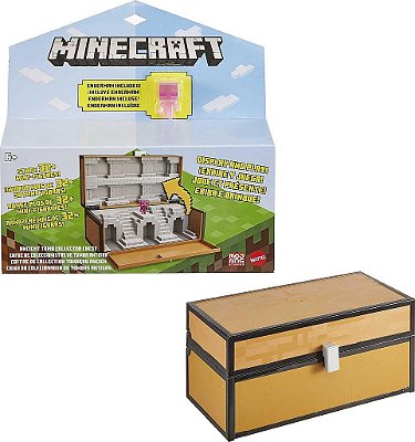 Cofre Colecionador Mattel Minecraft e Mini Figura Exclusiva, Cofre para Transportar Personagens de Videogame para Jogar, Trocar e Colecionar, Brinquedo de Ação e Batalha para Crianças de 6 An