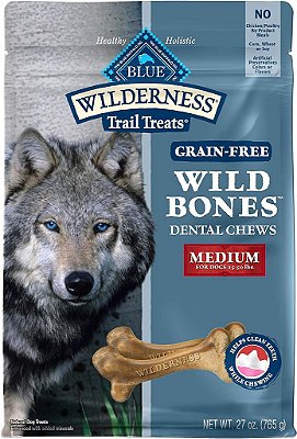 Petiscos para cães Blue Buffalo Wilderness Wild Bones Grain Free Dental Chews, médio, saco de 27 onças.