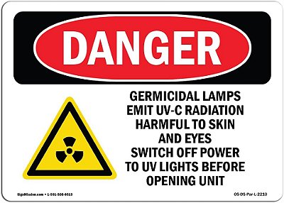 Placa de Perigo OSHA - Lâmpadas Germicidas Emitem Radiação UV-C | Adesivo | Proteja Seu Negócio, Canteiro de Obras, Armazém e Área Comercial | Fabricado nos EUA
