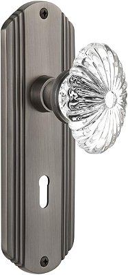 Placa Decorativa Nostalgic Warehouse com Furo Oval para Chave, Maçaneta de Cristal Fluted, Privacidade - 2.375, Peltre Antigo