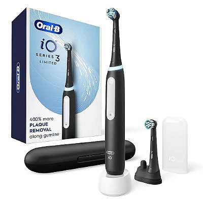 Escova de Dentes Elétrica Recarregável Oral-B iO Series 3 Limitada, Preto com 2 Cabeças de Escova e Estojo de Viagem - Sensor de Pressão Visível para Proteger as Gengivas - 3 Modos -